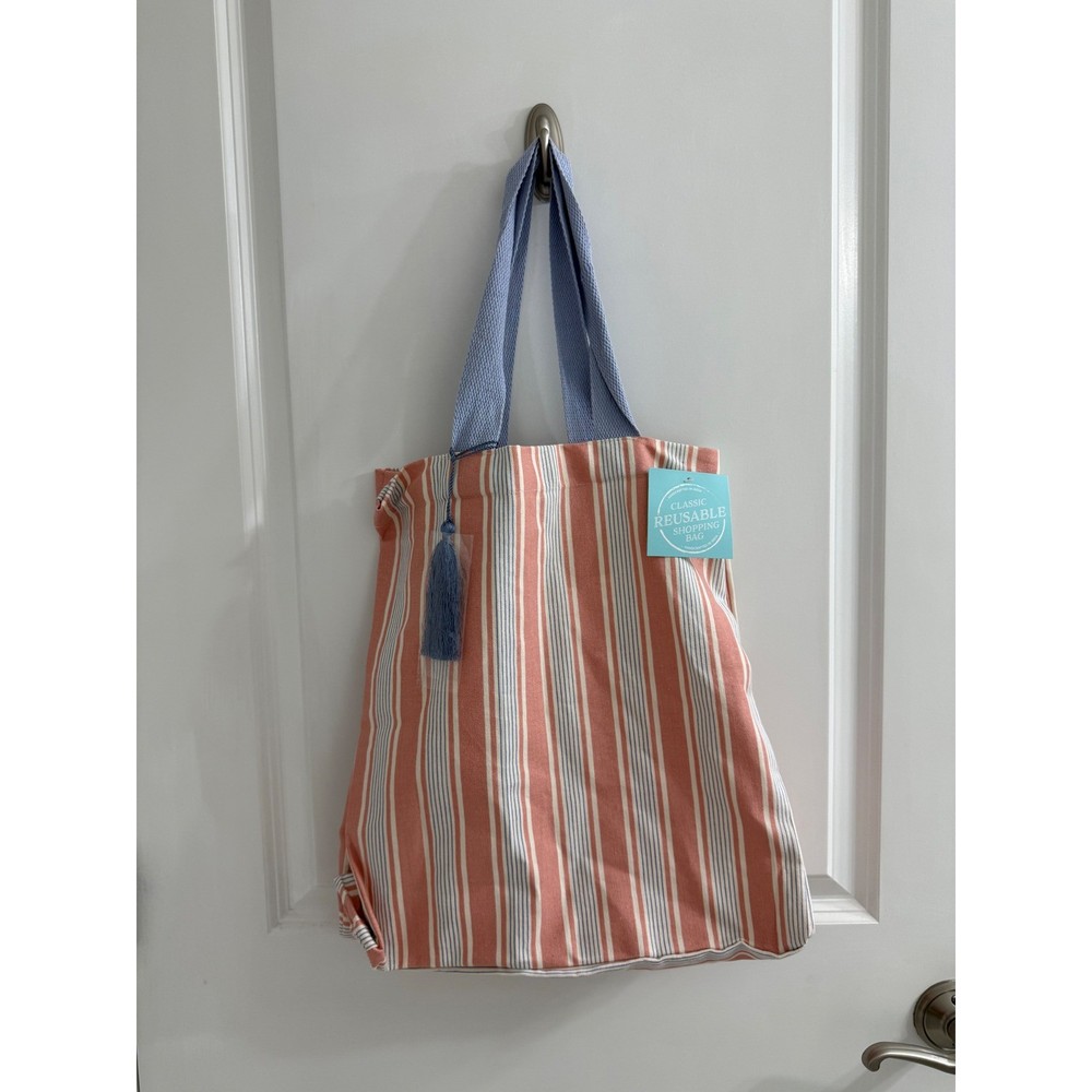 Handcrafted Reusable Canvas Shopping Bag Coral Blue Striped Tote