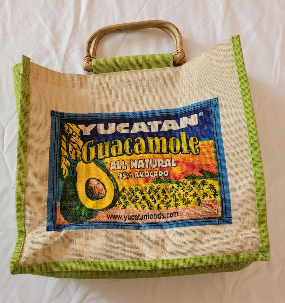 Yucatan Guacamole Burlap Tote Bag Bamboo Handles Reusable Bag EUC