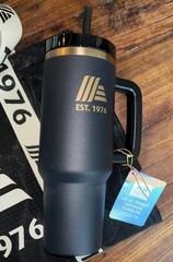ALDI Mesh Tote Bag Black Est 1976 White Straps Stainless Tumbler & Coin Holder