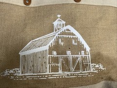 White Barn Burlap Tote Bag Brown Leather Handle Approximately 17x12x6”