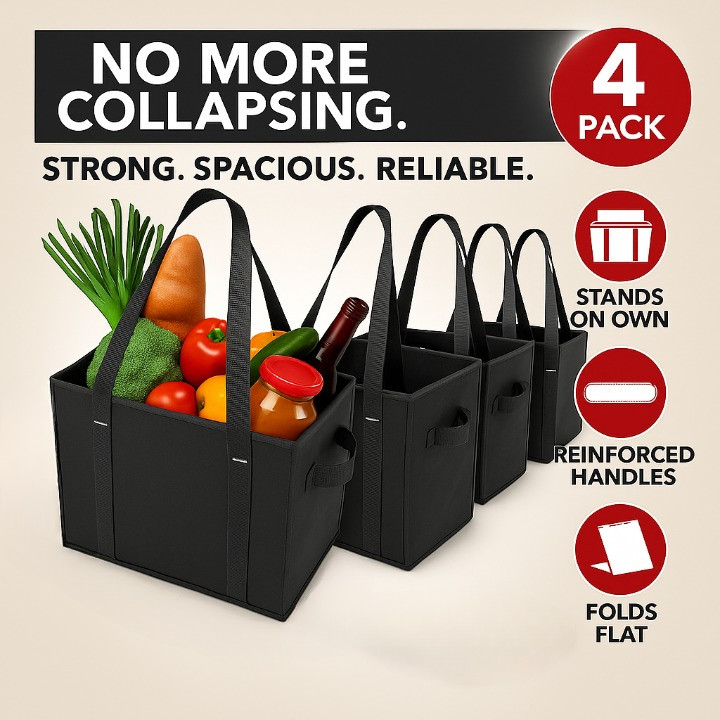 Reusable Grocery Bags 4 Pack Heavy Duty Tote Box Foldable Shopping Organizer