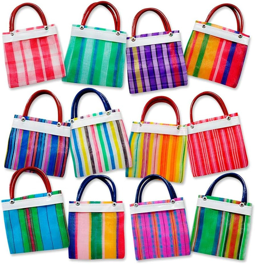 12 mini bolsas mercado mexicanas 13x13cm. Colores surtidos, malla resistente.