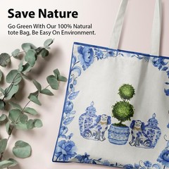 Blue and White Porcelain Chinoiserie Tote Bag, Chinoiserie Topiary and Staffo…