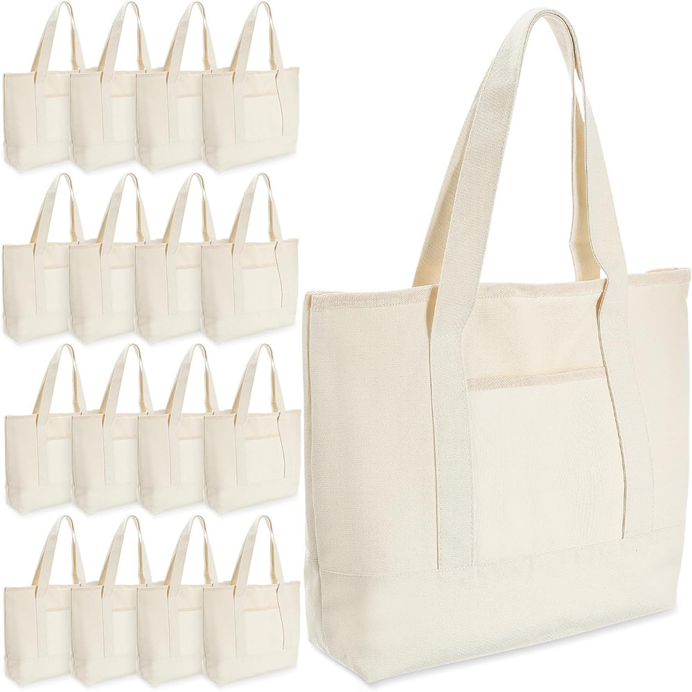 16 Pcs Canvas Tote Bags Bulk with Outer Pocket 18 Inch Reusable Shopping Grocery