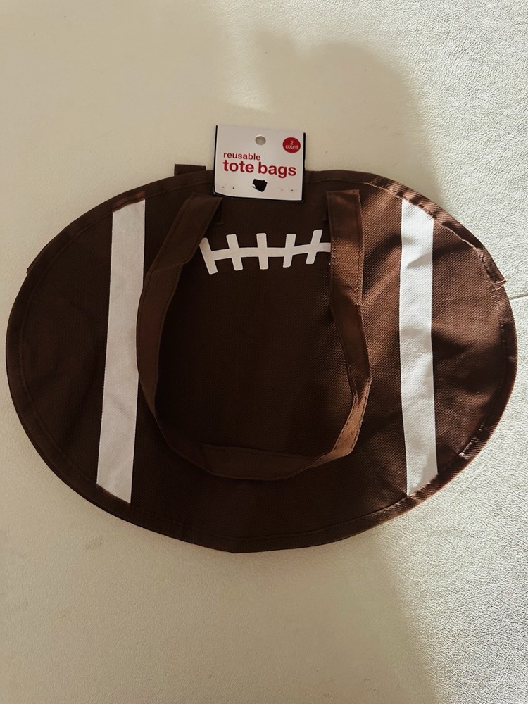 Football Shape Foldable Reusable Tote Bags 2 Pack Brown White