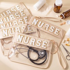 Sunnymove 6 Pcs Nurse Makeup Bag, Chenille Letter Patch Nylon Nurse, Beige