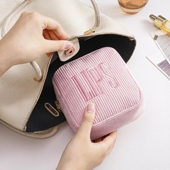 Lestikave Small Makeup Bag for Purse，Personalized Mini Corduroy 01Pink LIPS