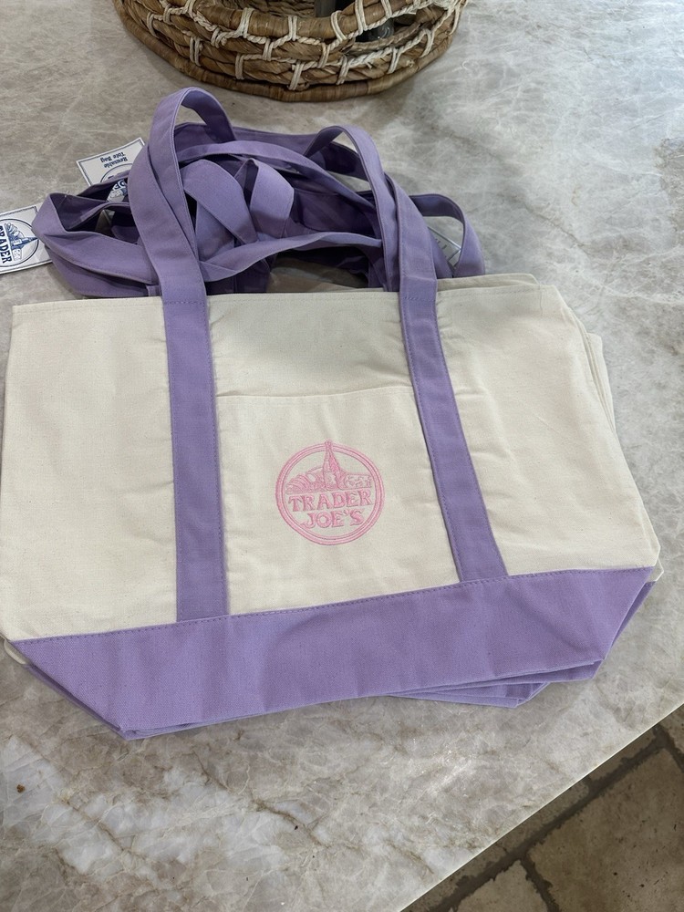 Trader Joe’s Reusable Tote Bag Foldable Cotton Polyester Beige Purple Solid