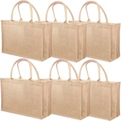 6 Pack Jute Tote Bag Reusable, Burlap Beach Bags with Sturdy Rounded Handles, St