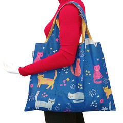 Wrapables Large Reusable Shopping Tote Bag with Outer Pouch, Cute Kitties