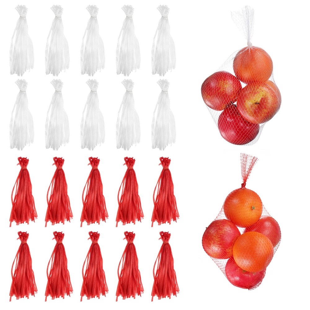 100pcs 12 Inch Reusable Produce Mesh Bag, White/Red