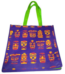 TROPICAL Tote Bag ~ HAWAIIAN TRIBAL MASKS 13″ x 13″ x 4″ Purple w/ Green Handles