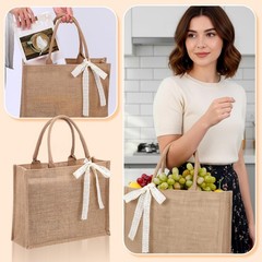 8 PCS Burlap Tote Bag Set Handles Waterproof Reusable Ribbon 13.7x5x11 Inch