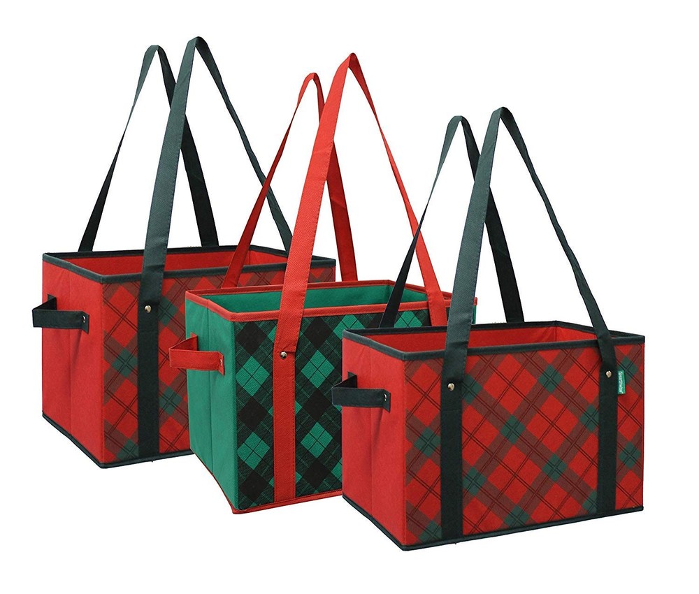 Deluxe Collapsible Reusable Shopping Box Grocery Bag Set Plaid Holiday 3 Pcs