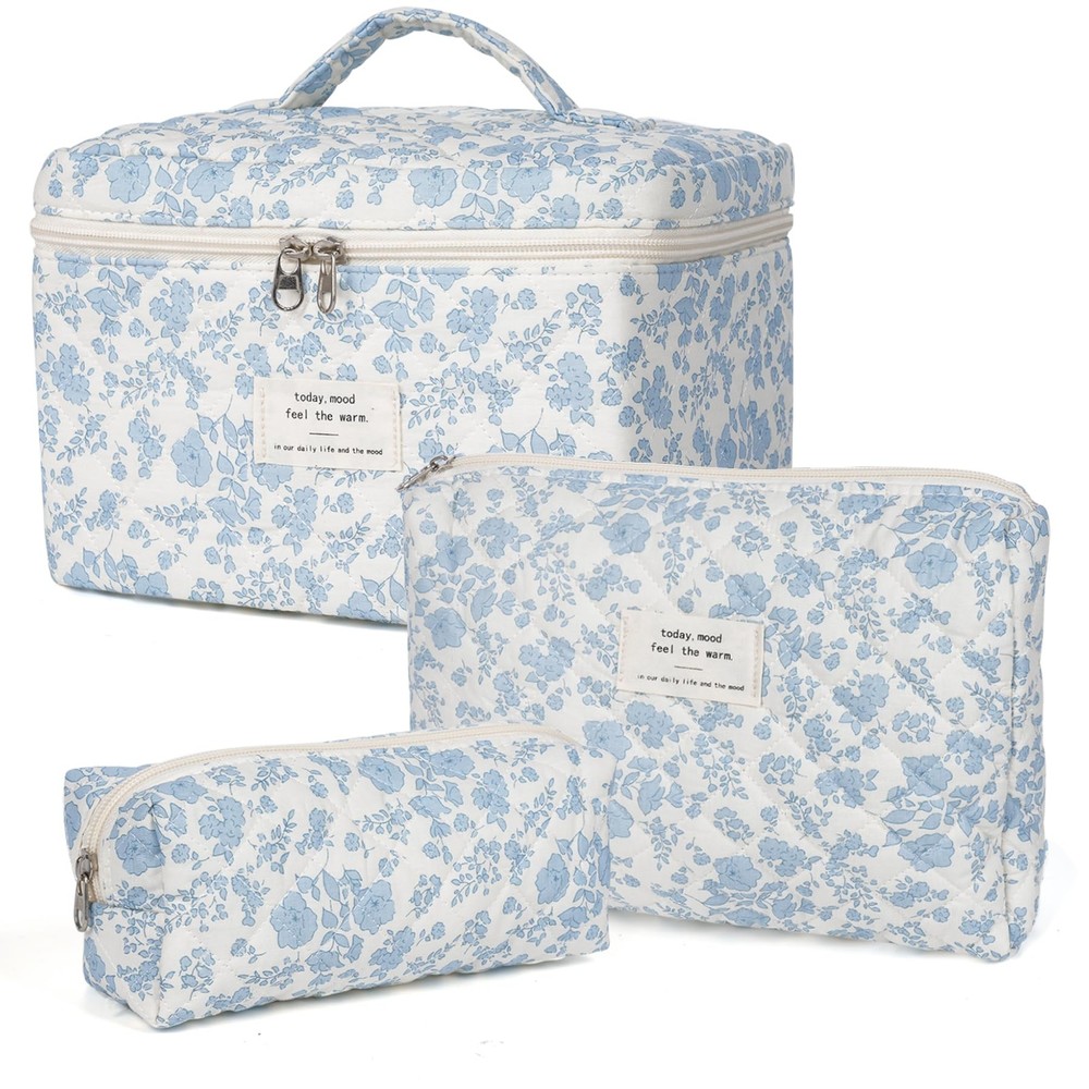 Makeup Bag,Quilted Cosmetic Bag,Large Floral Make Up Bag for Mini, Blue-White