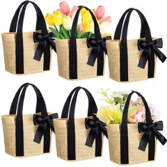 6 Pcs Burlap Tote Bags with Handles and White Ribbon, Reusable Small Woven Ju…
