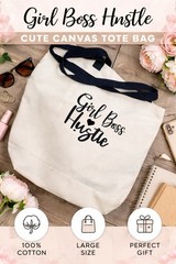 Girl Boss Hustle Text Canvas Cotton Reusable Large Tote Bag, White/Black