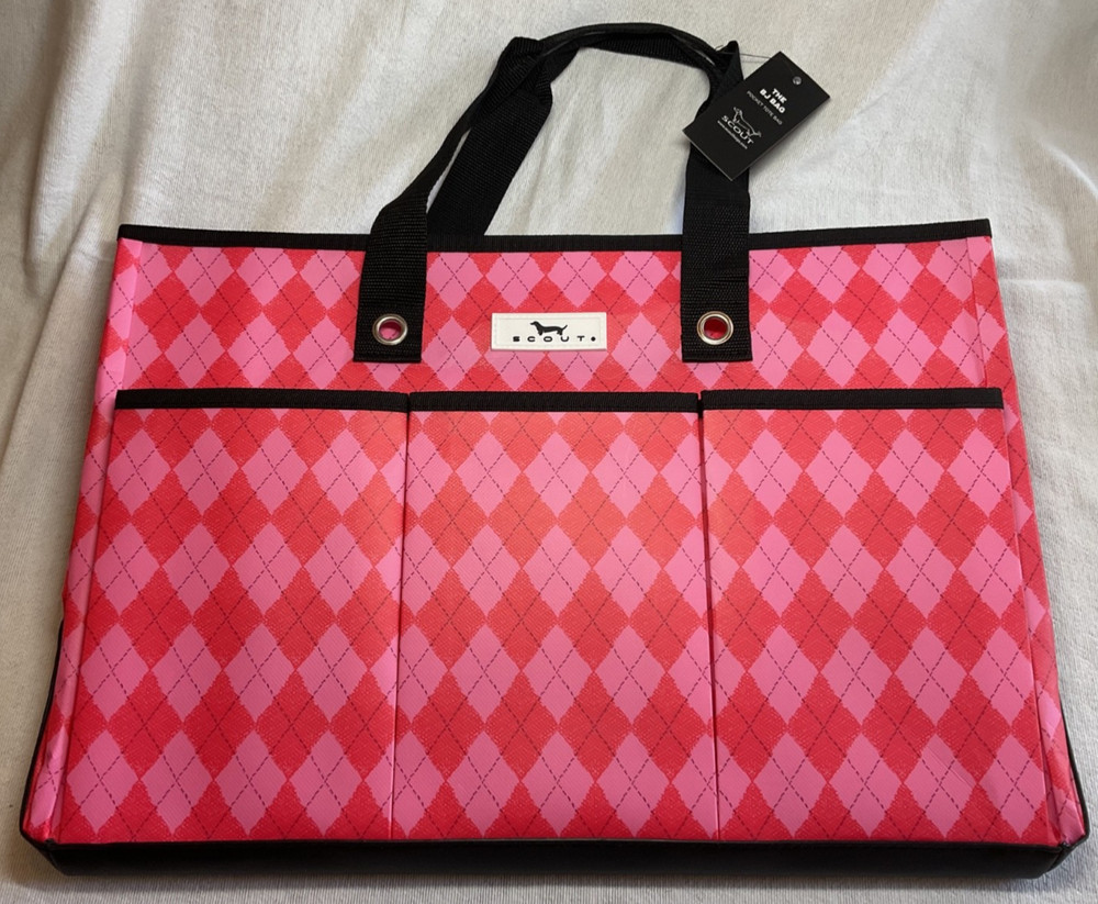 Scout THE BJ BAG POCKET TOTE 19.5 X 14 X 8.5 PINK ARGYLE NWT