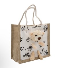 Jute Beige/White Printed Bear Reusable Tote Shopping Bag 8.3×8.3×4 in
