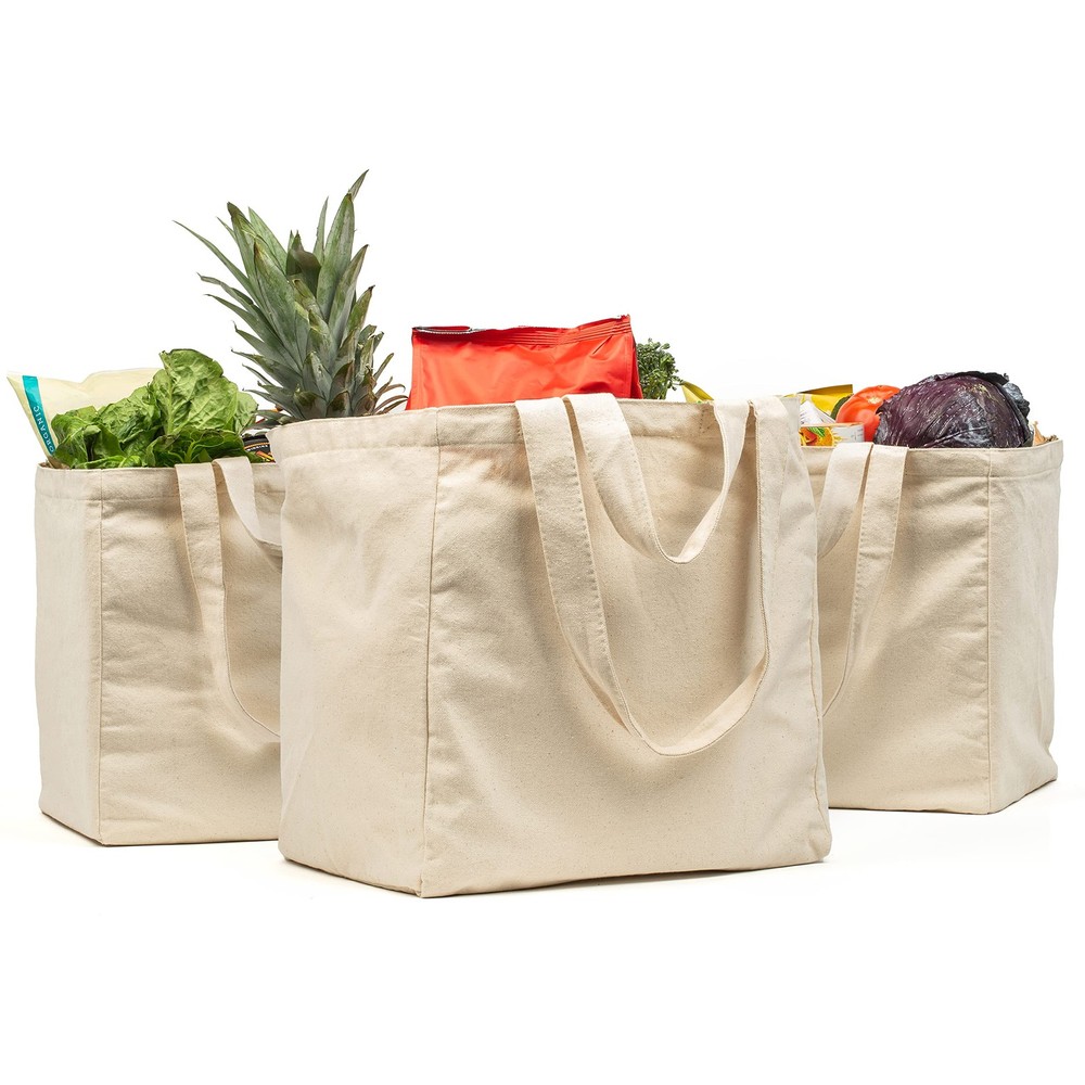 VeraMia 3pc Canvas Grocery Bags with Pockets, Shoulder Straps – Foldable, Was…