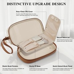 MSTONAL Travel Makeup Bag, Large Capacity Double Layer Medium, Beige & Brown