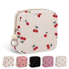 Playexen Corduroy Mini Makeup Bag, Small Cosmetics Bag with Ring Cherry-Beige