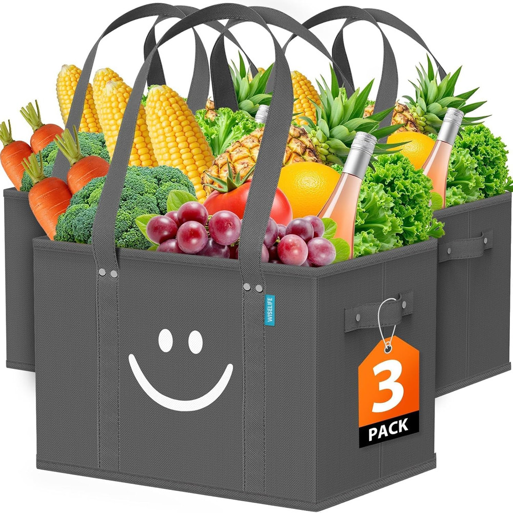 Reusable Grocery Bags 3 Pack – Collapsible Tote Shopping Bags with Sturdy Handle