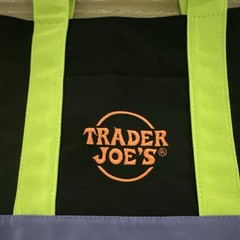 Trader Joe’s Foldable Canvas Tote Bag Black Purple Neon Green Color Block