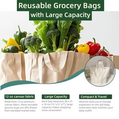 Canvas Grocery Bag 3 Pack, Reusable Grocery Bags with Long Shoulder Strap and…