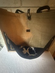 Large Burlap Canvas Tote Bag, Foldable, Brown Black Floral Monogram ‘K’