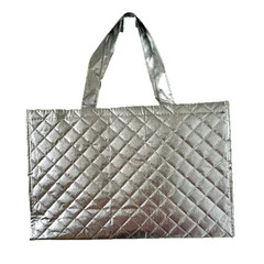 Lot of 2 Metallic Silver Quilted Tote Gift Bag Shopping Bag Reusable NEW