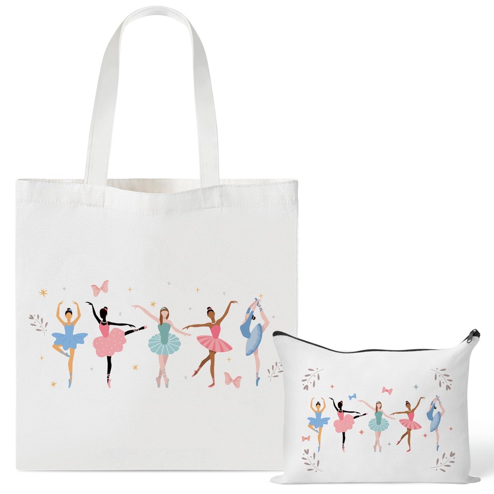 Ballerina Canvas Tote Bag – 2Pcs Ballerina Watercolor Print Makeup Bag Set, C…