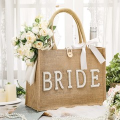 Wedding Bride Bag Natural Jute Tote with Ribbon Bride Gift Bag with Handle