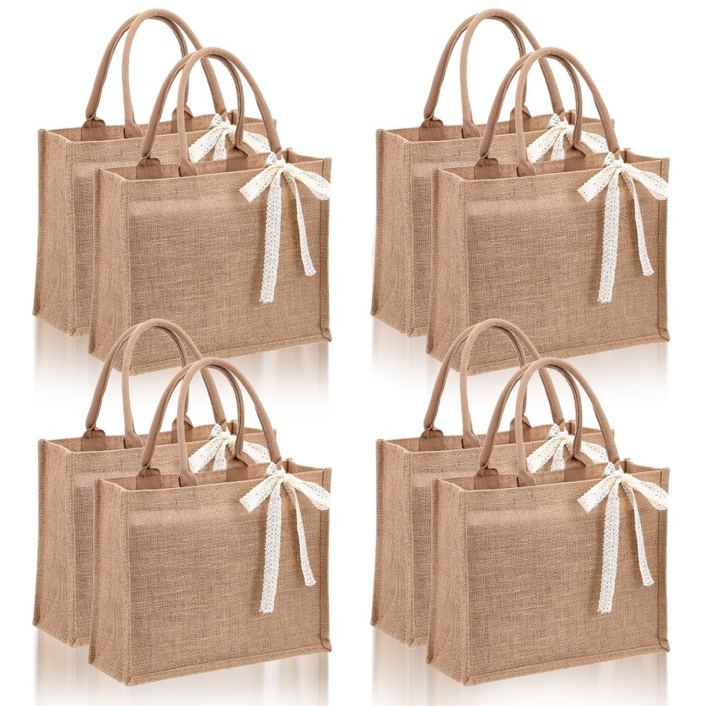 8 PCS Burlap Tote Bag Set Handles Waterproof Reusable Ribbon 13.7x5x11 Inch