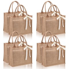 8 PCS Burlap Tote Bag Set Handles Waterproof Reusable Ribbon 13.7x5x11 Inch