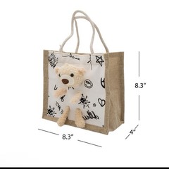Jute Beige/White Printed Bear Reusable Tote Shopping Bag 8.3×8.3×4 in