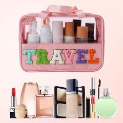 TRIP TIGER Girls Clear Makeup Bag with Chenille Letter Pink/Clear