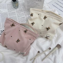 RSRSLEII Corduroy Travel Makeup Bag with Bear Pattern, Cosmetic 01Pink