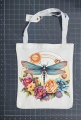 Canvas Reusable Tote Bag Medium Floral Dragonfly Print White 11″ x 13″