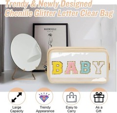 Chenille Letter Clear Makeup Bag with Zipper and Waterproof Nylon BABY-Beige
