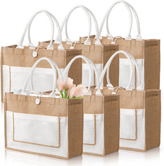 6 Pack Jute Tote Bags, 16.5″x 13″x 7″ Large Burlap Tote Bag with Handles, Beach