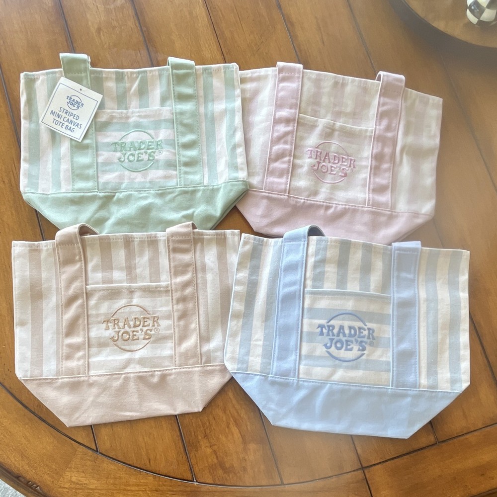 Trader Joe’s Reusable Canvas Mini Tote Bags 4-Pack Pastel Striped 13×10