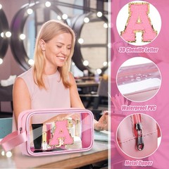 Vodolo Initial Makeup Bag,Letter A Cute Clear Monogrammed Cosmetic A, Pink