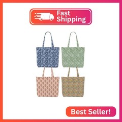 4 Pcs Vintage Flower Canvas Tote Bag Canvas Bag with Pocket for Shopping Work Gy