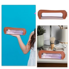 Small Clear Makeup Pouch, PU Leather Brush Bag Portable Travel Brown