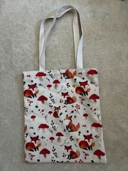 Fox & Mushrooms Shopping Travel Tote Bag w/ Clasp Button 15″ x 13″ White Orange