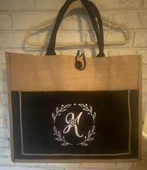 Large Burlap Canvas Tote Bag, Foldable, Brown Black Floral Monogram ‘K’
