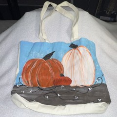 Foldable Canvas Reusable Shopping Bag Pumpkin Print Orange White Blue
