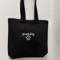 Hand Embroidered Good Dog Paw Print Black Tote Bag Cotton Canvas Reusable