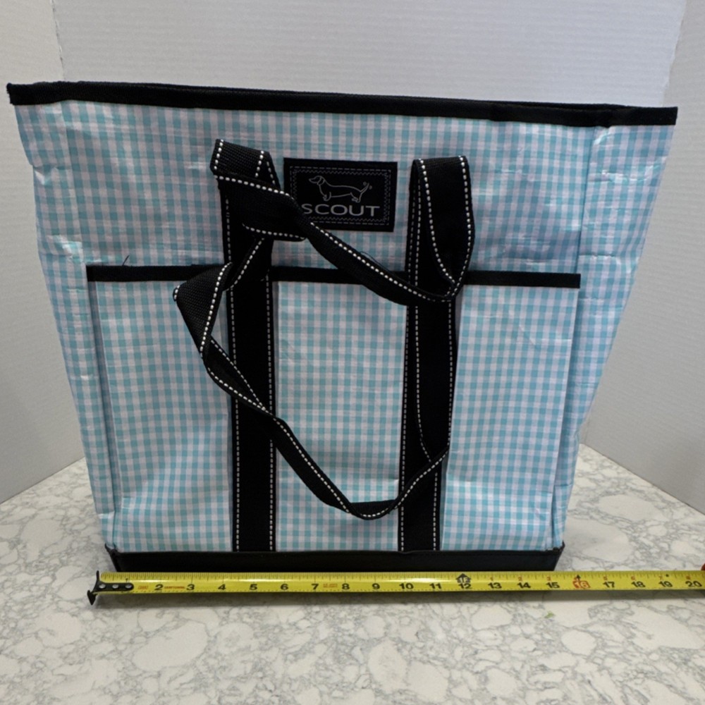 SCOUT Large Blue Gingham Reusable Shopping Bag Woven Poly Zip Foldable Handles